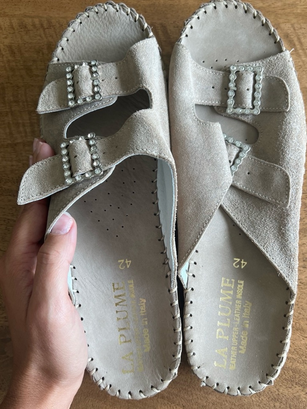 La Plume Beige Suede Double-Buckle Slide Sandals| Size US 9